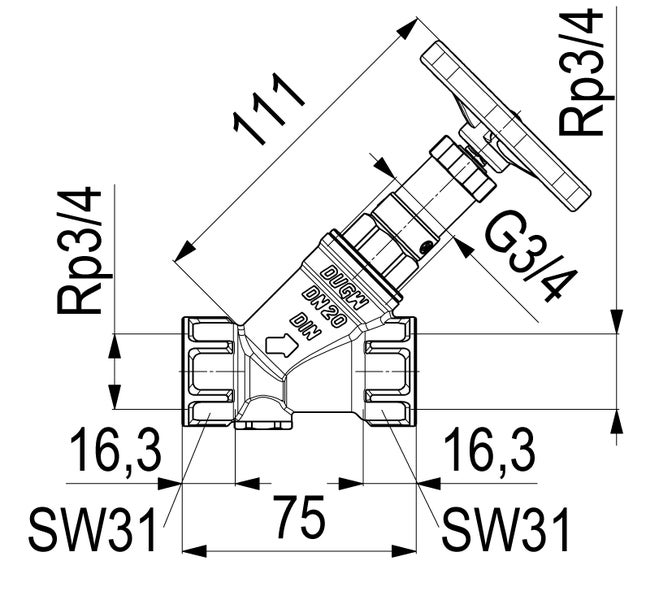 Technische Zeichnung eines Freistromventils Nennweite zwanzig mit Maßen in Millimeter und Gewindegröße drei Viertel Zoll.