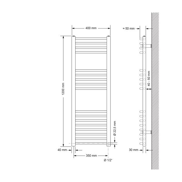 ECD Germany Badheizkörper Elektrisch mit Heizstab 1200W Große Leistung - 400 x 1200 mm - Weiß - gebogen mit Seitenanschluss - Heizkörper Handtuchwärmer Handtuchtrockner