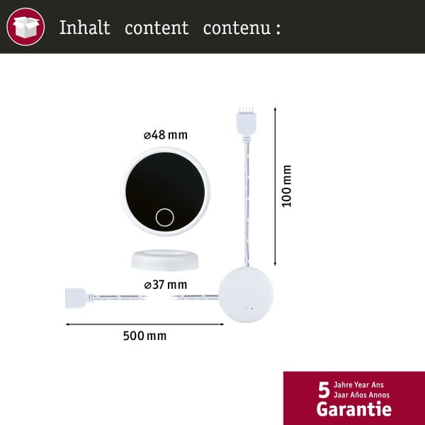 Lieferumfang LED-Steuerung: Durchmesser 48 Millimeter und 37 Millimeter, Kabellängen 100 Millimeter und 500 Millimeter. 5 Jahre Garantie.
