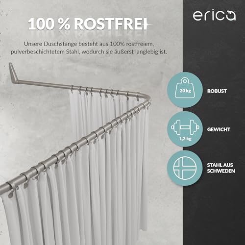 Erica Winkelstange Dusche 85x95x85 cm, Winkelstange Duschvorhang, Wandmontage ohne Deckenbefestigung - Grau glänzende Pulverbeschichteter Stahl, 100% Rostfrei
