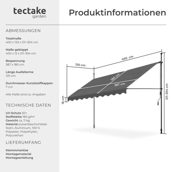 Produktdatenblatt der Marke tectake für eine Klemmmarkise mit Skizze, Abmessungen 400 mal 120 mal 211 bis 304 Zentimeter und UV-Schutz 50 plus.