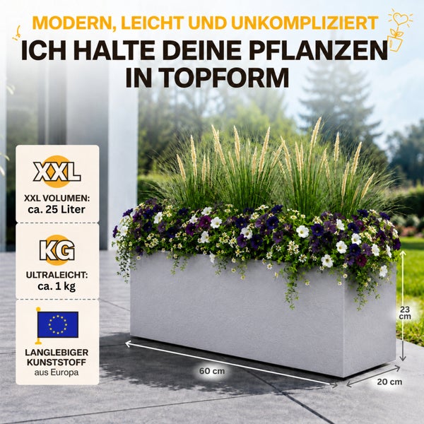 Rechteckiger Pflanzkasten aus Kunststoff, 60 mal 20 mal 23 Zentimeter, Volumen circa 25 Liter, Gewicht circa 1 Kilogramm, hergestellt in Europa.
