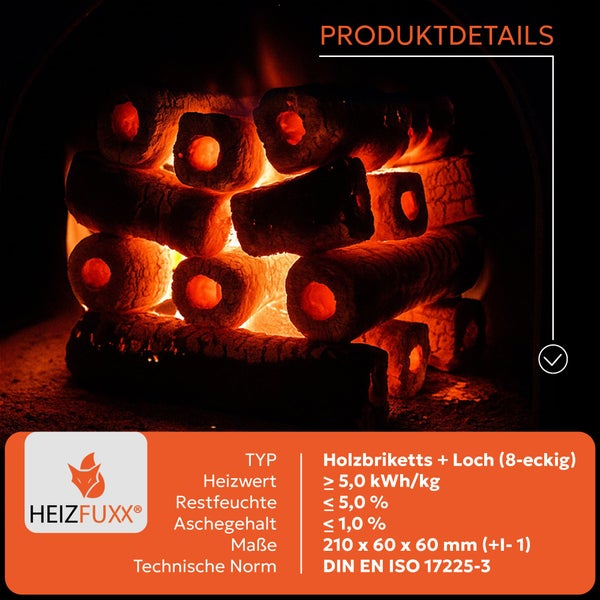 Heizfuxx Holzbriketts mit Loch in 8-eckiger Form mit einer Übersicht der technischen Produktdetails wie Heizwert und Restfeuchte.