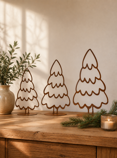 Drei Deko-Weihnachtsbäume aus Metall in Edelrost-Optik auf einem Holztisch, dekoriert mit Tannenzweigen und einer Kerze.
