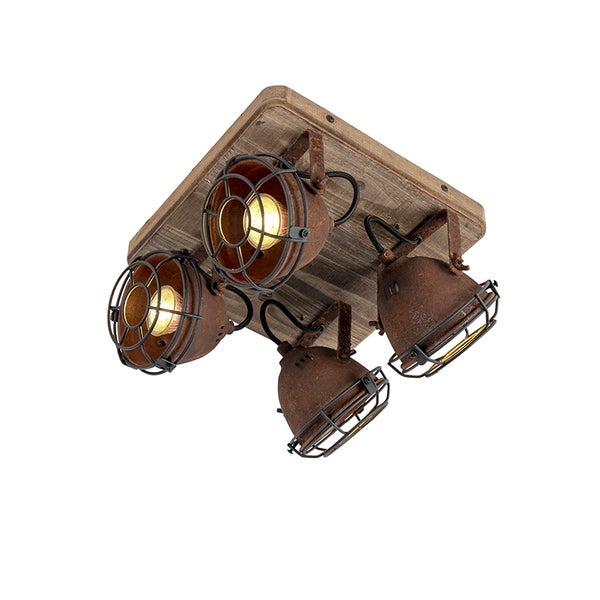 Deckenleuchte mit vier Strahlern und Holzplatte