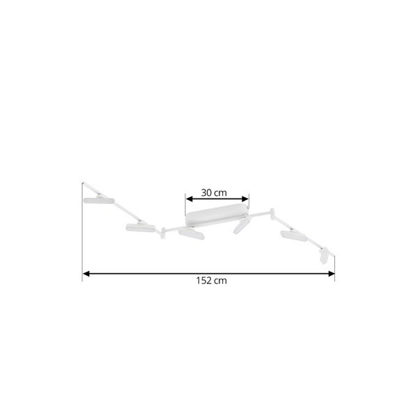Moderne LED-Deckenleuchte mit verstellbaren Armen, Breite 152 Zentimeter, Sockelbreite 30 Zentimeter.