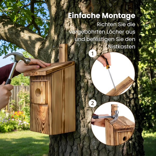 Montage eines Nistkastens aus Holz an einem Baumstamm mit Hammer und Schraubendreher.