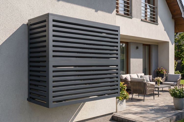 Dunkelgraue Lamellenverkleidung für eine Wärmepumpe oder Klimaanlage, montiert an einer Hauswand neben einer Terrasse mit Gartenmöbeln.