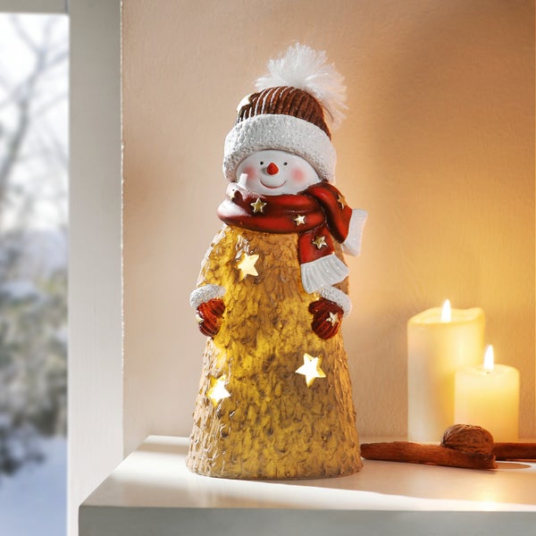 FRANK FLECHTWAREN | LED-Schneemann Winterzeit, 11 x 10 x 23,5 cm, FIBERGLAS, KUNSTSTOFF