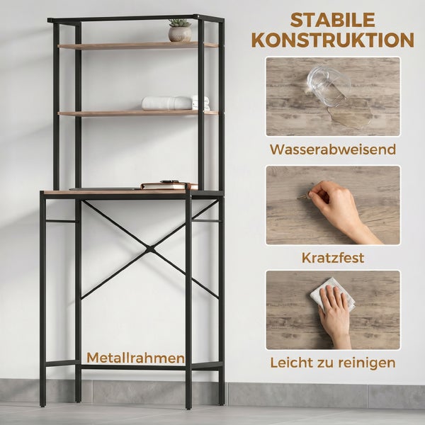 Standregal mit schwarzem Metallrahmen und drei Ablagen in Holzoptik. Stabil, wasserabweisend, kratzfest und leicht zu reinigen.