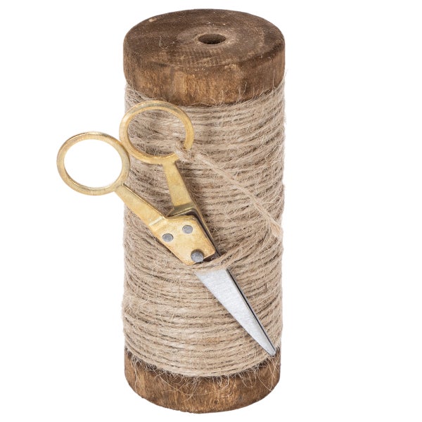 Holzspule mit Jutekordel und kleiner Schere