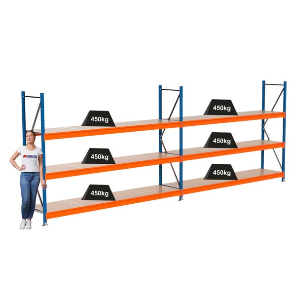 Industrieregal mit sechs Ablagen und einer Traglast von 450 Kilogramm pro Ebene.