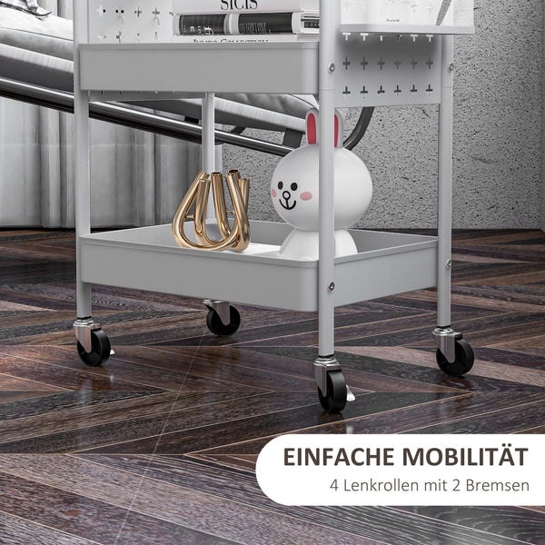 HOMCOM Rollwagen, Servierwagen mit 3 Etagen, 2 Hängekörbe, Aufbewahrungswagen mit Griff, Küchenwagen, Beistellwagen für Küche, Wohnzimmer, Stahl, Weiß