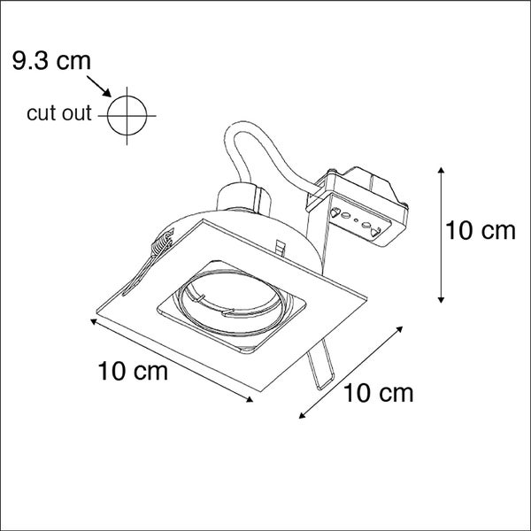 Maßskizze quadratischer Einbaustrahler: 10 mal 10 Zentimeter, Höhe 10 Zentimeter, Lochausschnitt 9.3 Zentimeter.