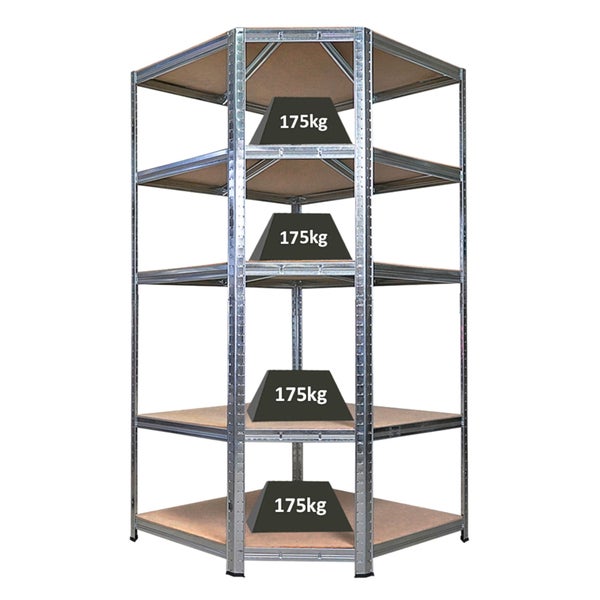 Eckregal mit fünf Regalböden und einer Traglast von 175 Kilogramm pro Boden