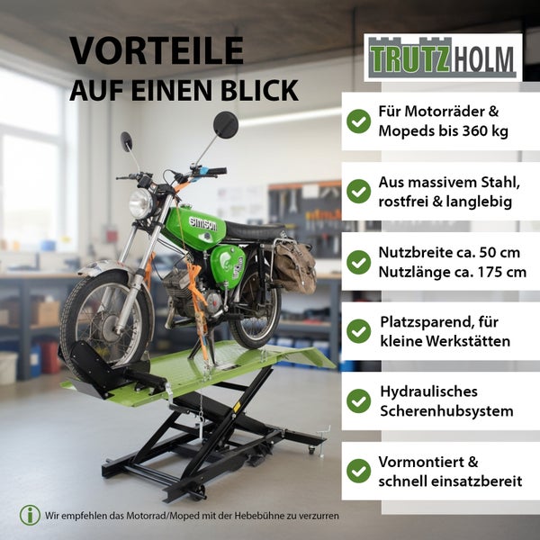 TrutzHolm Logo. Motorrad auf hydraulischer Scherenhebebühne mit Vorteilen auf einen Blick: Für Motorräder und Mopeds bis 360 kg, aus massivem Stahl, rostfrei und langlebig, Nutzbreite circa 50 cm, Nutzlänge circa 175 cm, platzsparend für kleine Werkstätten, hydraulisches Scherenhubsystem, vormontiert und schnell einsatzbereit.
