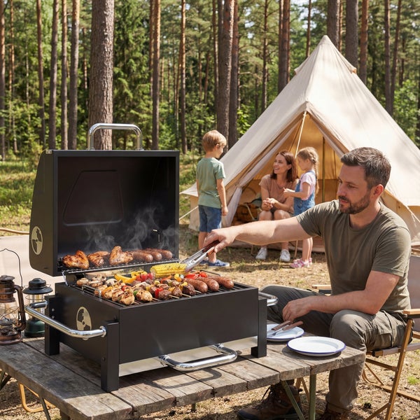 Ein Mann grillt Fleisch und Gemüse auf einem tragbaren Holzkohlegrill beim Camping mit seiner Familie vor einem Zelt im Wald.