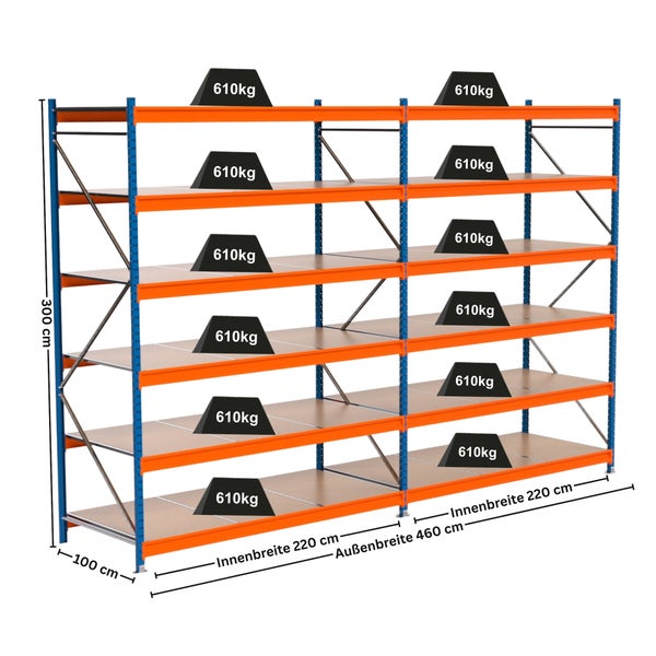 Belastbares Schwerlastregal mit Abmessungen und Gewichtsangaben
