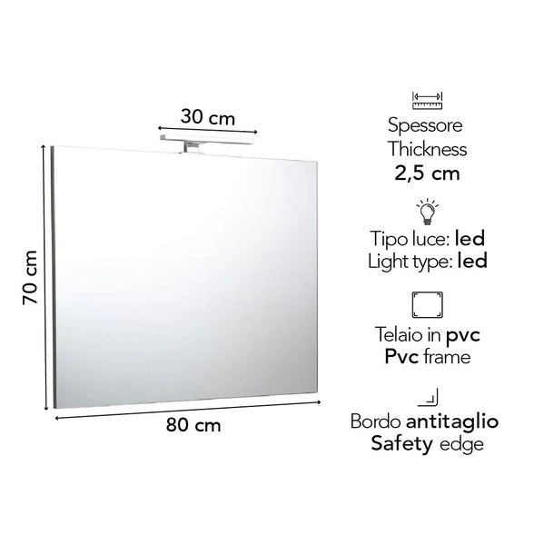 Rechteckiger Badezimmerspiegel mit LED-Lampe, 80 mal 70 Zentimeter, Dicke 2,5 Zentimeter, PVC-Rahmen und Sicherheitskante.