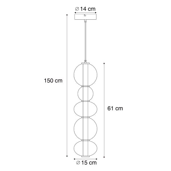 Technische Zeichnung einer Pendelleuchte mit den Maßen: Höhe 150 cm, Durchmesser Schirm oben 14 cm, Durchmesser Schirm unten 15 cm, Höhe Schirm 61 cm.