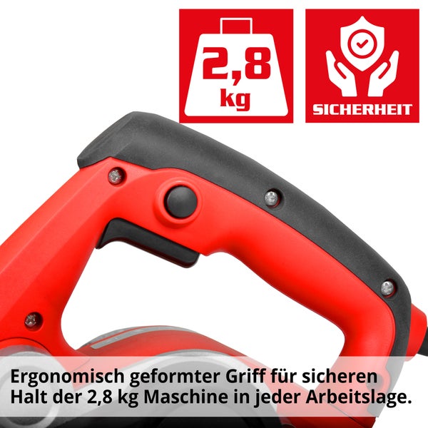 Ergonomischer Griff für sicheren Halt der 2,8 Kilogramm schweren Maschine, Symbol für Gewicht 2,8 Kilogramm, Symbol für Sicherheit