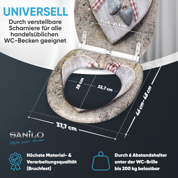 WC Sitz mit Herz Motiv und verstellbaren Scharnieren, Maße 37,7 cm mal 46 bis 48 cm, belastbar bis 200 Kilogramm, Sanilo Logo.
