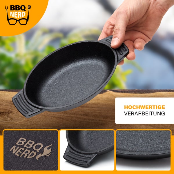 BBQ-Nerd Servierpfännchen aus Gusseisen im 6er Set |  Grillpfännchen - oval 22,5x13 cm - zum Braten Überbacken Grillen Anrichten Servieren | Gusspfännchen für einzelne Portionen
