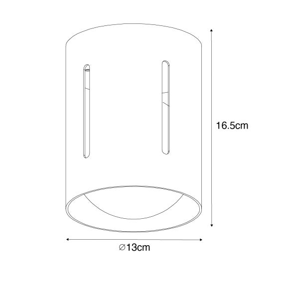 Technische Zeichnung einer Deckenleuchte, 16,5 cm hoch und 13 cm Durchmesser
