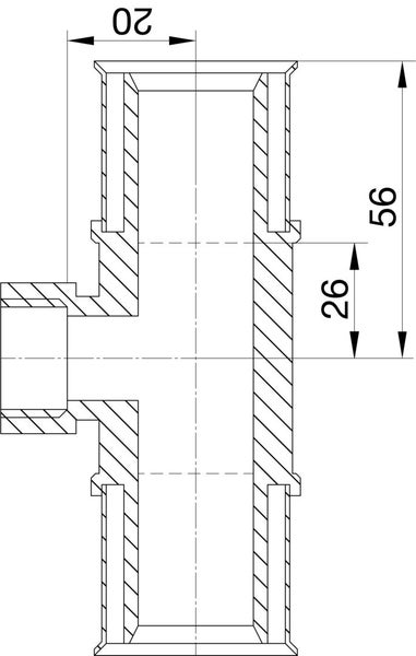 Technische Zeichnung eines T-Stück Rohrfittings mit den Maßen 20, 26 und 56 Millimeter.