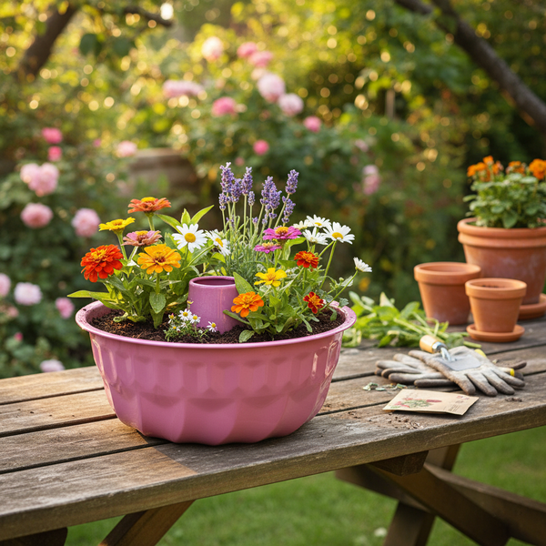 Rosa Pflanzschale in Gugelhupfform mit Zinnien, Margeriten und Lavendel auf Holztisch. Daneben Terrakottatöpfe, Gartenhandschuhe und Schaufel.