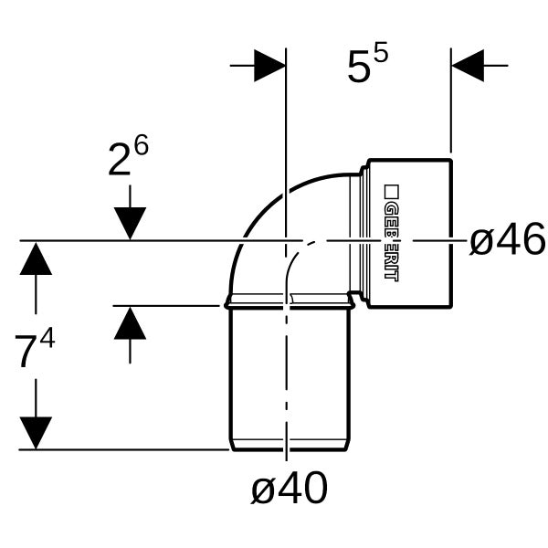 Maßzeichnung Geberit Anschlussbogen 90 Grad, Durchmesser 40 und 46 Millimeter, Maße 5,5, 7,4 und 2,6 Zentimeter sowie Geberit Logo.