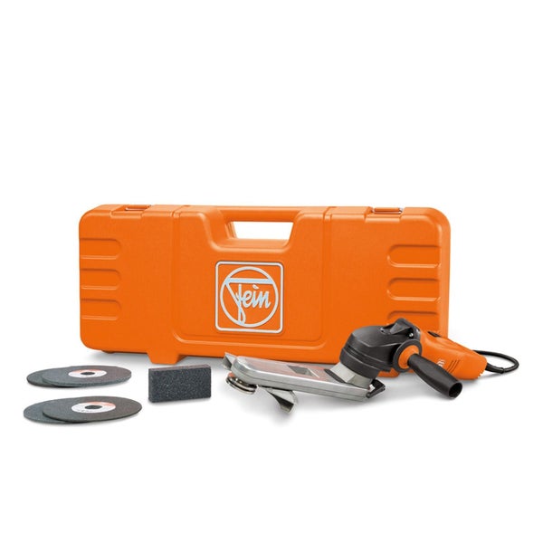 Fein Kehlnahtschleifer Set inklusive Transportkoffer, Schleifscheiben und Profilierstein für die Metallbearbeitung.