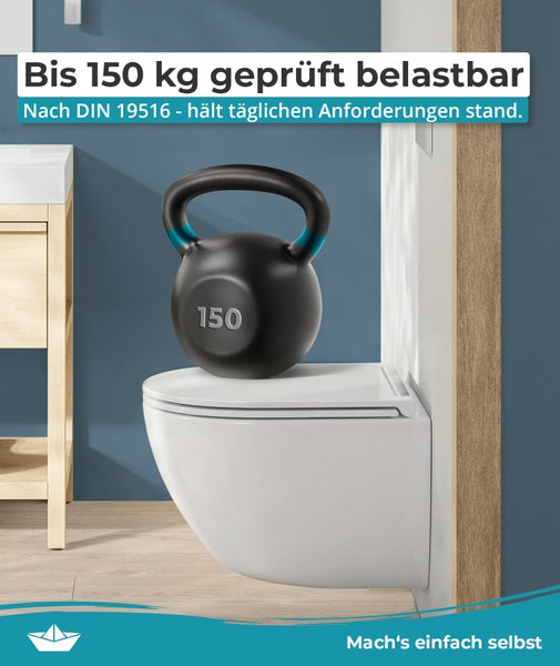 Wand-WC mit 150 Kilogramm Belastbarkeit gemäß DIN 19516 in einem modernen Badezimmer.