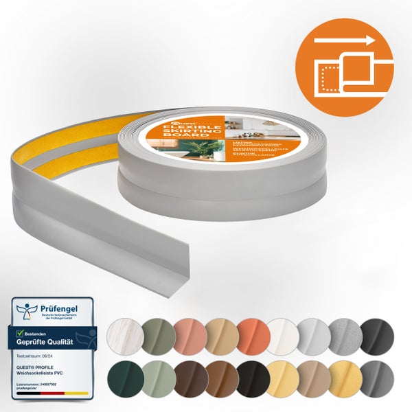 Flexible PVC Sockelleiste von Quest Profile auf Rolle mit Selbstklebestreifen zur Wandmontage und Prüfsiegel für geprüfte Qualität
