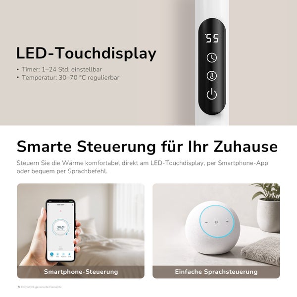 Infografik zeigt LED Touchdisplay eines Heizgeräts mit Timer und Temperaturregelung sowie Smartphone App und Sprachsteuerung für smarte Heizung.