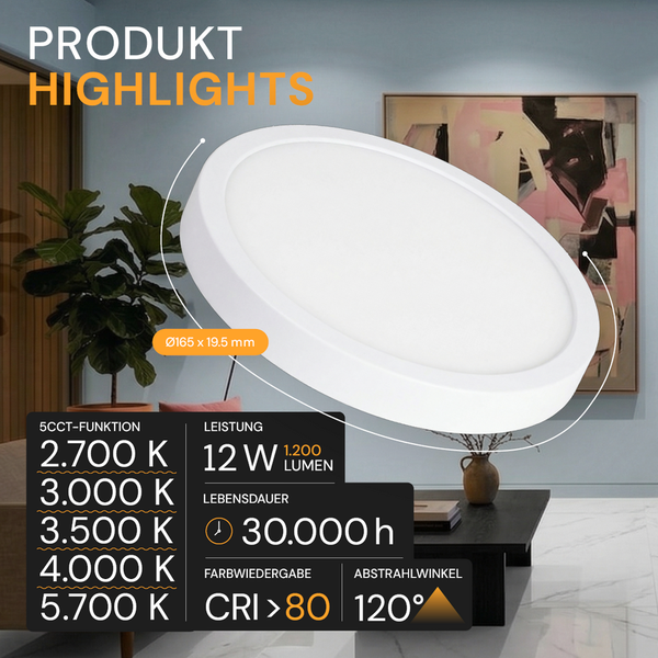Rundes LED-Panel: Durchmesser 165 Millimeter, 12 Watt, 1200 Lumen, 30.000 Stunden Lebensdauer, 120 Grad Abstrahlwinkel, 2700 bis 5700 Kelvin.