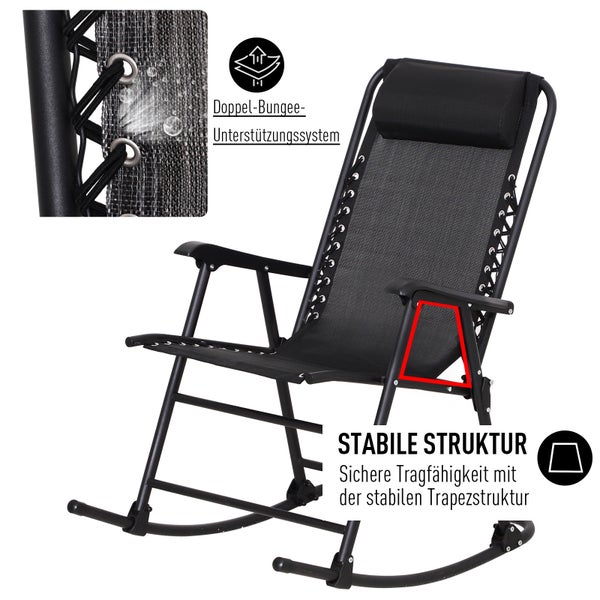 Outsunny Schaukelstuhl, Klappbare Schwingsessel, mit Kopfkissen, bis 120 kg, 90 x 64 x 110 cm, Stahl + Texteline, Schwarz
