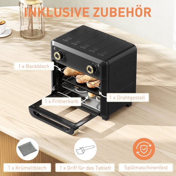 Mini-Backofen in Schwarz inklusive Zubehör: Backblech, Drahtgestell, Frittierkorb, Krümelblech und Tablettgriff. Zubehör ist spülmaschinenfest.