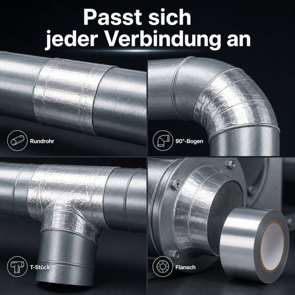 Vielseitiges Aluminium-Klebeband zur Abdichtung von Rundrohren, 90 Grad Bögen, T-Stücken und Flanschen in der Lüftungstechnik.