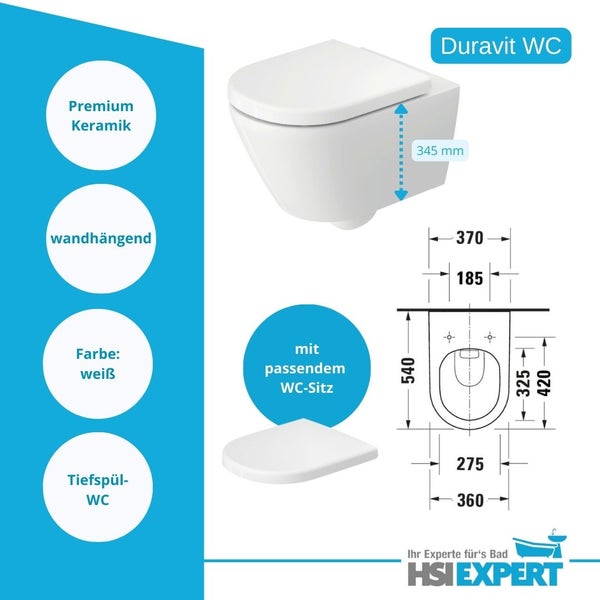 Duravit Wand-WC mit passendem WC-Sitz und technischen Zeichnungen
