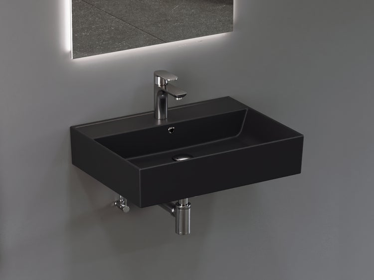 Aqua Bagno Basic Plan Waschbecken 10.16.30.04.04 – 60 x 45 cm – Schwarz Matt – Keramikbecken mit Hahnloch & Überlauf