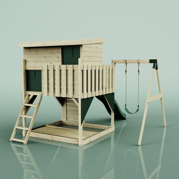Spielturm aus Holz mit Rutsche, Schaukel, Leiter, Sandkasten und erhöhtem Spielhaus.