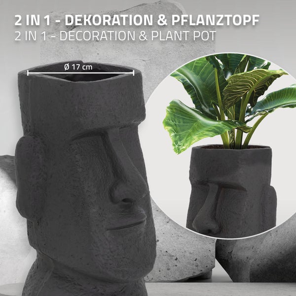 ML-Design Pflanztopf Osterinsel Figur 26x23x43 cm Anthrazit, Harz Moai-Kopf Skulptur, Innen- und Außenstatue, massiv, Pflanzgefäß Blumentopf Übertopf Gesicht Pflanzer Gartendeko Vase Urne für Pflanzen