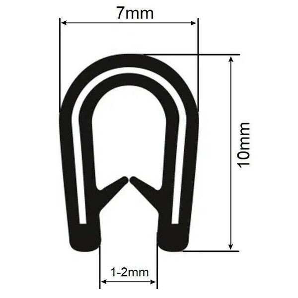 Technische Zeichnung eines U-Profils mit Maßen 7 mm Breite, 10 mm Höhe und einem Klemmbereich von 1 bis 2 mm.