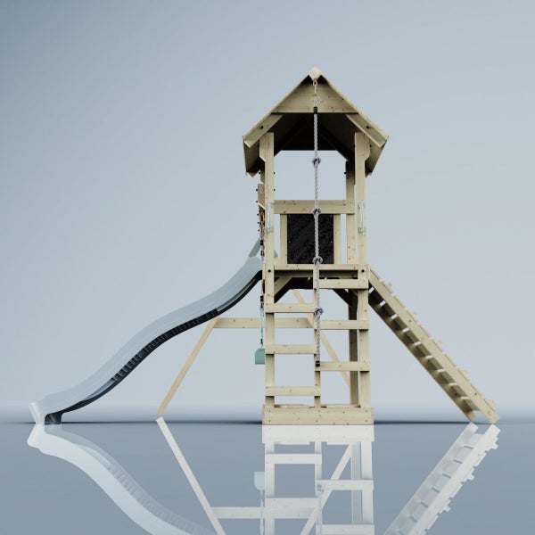 Spielturm aus Holz mit Rutsche, Kletterwand, Strickleiter und Leiter