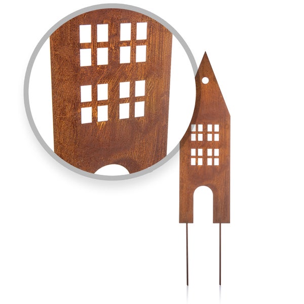 Gartendekoration Haus aus Metall mit Fenster und Erdspieß