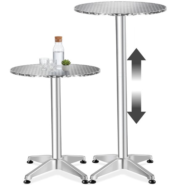 Höhenverstellbarer Stehtisch mit runder Tischplatte und Metallgestell in zwei Höheneinstellungen.