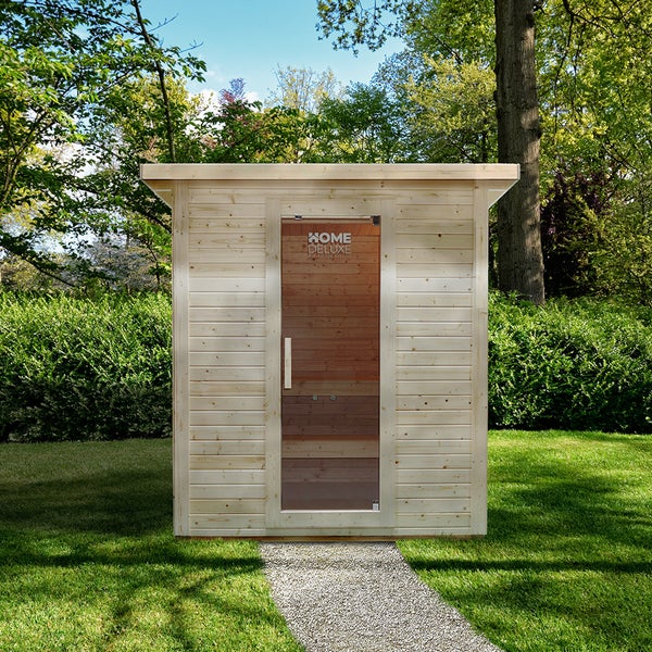 Home Deluxe - Outdoor Saunahaus TALO L - für 4 Personen - Maße: 221 x 217 x 221 cm, Holz: Fichtenholz - inkl. Saunaofen und Saunazubehör I Gartensauna, Außensauna, Sauna
