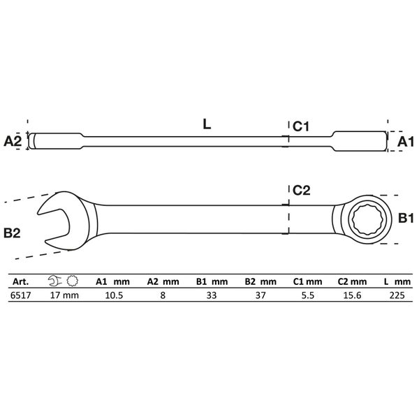 Technische Zeichnung eines Maulschlüssels mit Maßangaben