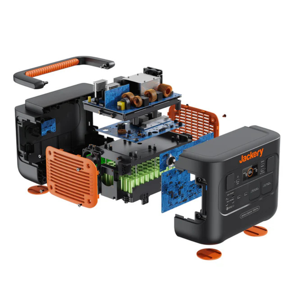 Explosionszeichnung der tragbaren Jackery Explorer 1000 Pro Powerstation mit Sicht auf Batteriezellen, Platinen und Gehäusekomponenten.
